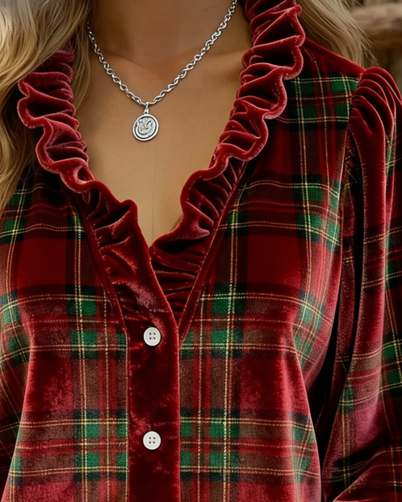 Ruffled V-Neck Velvet Top
