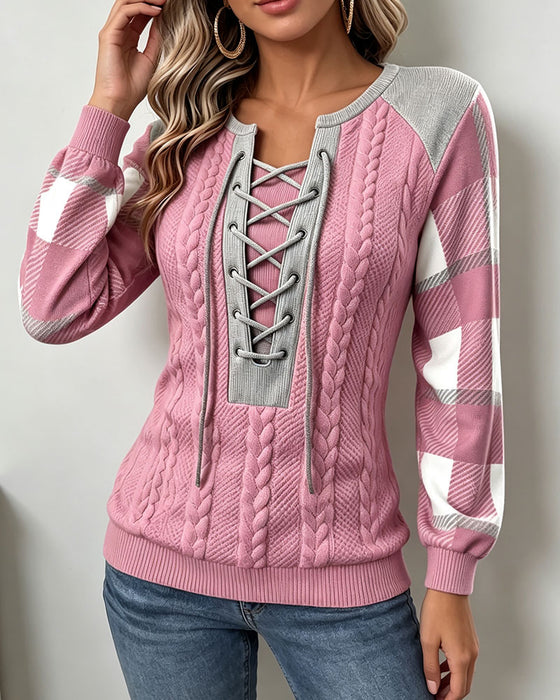 Round Neck Strappy Plaid Print Sweatshirt