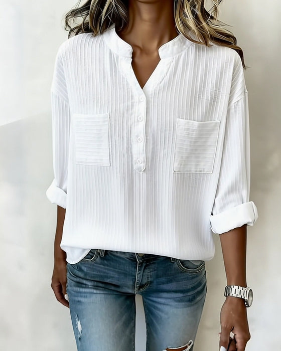 Vertical Waffle Henley Collar Double Pocket Shirt