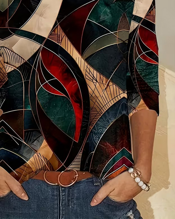 Round Neck Casual Printed Long-Sleeved Top