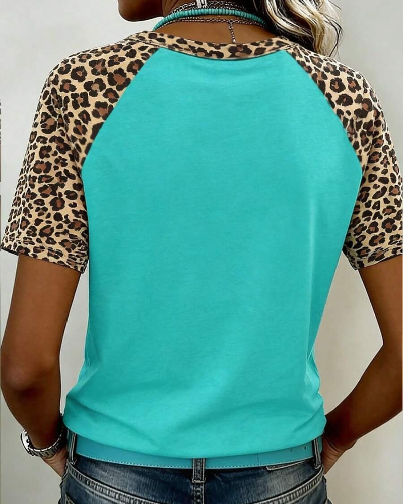Leopard Print Patchwork Raglan Sleeve T-Shirt