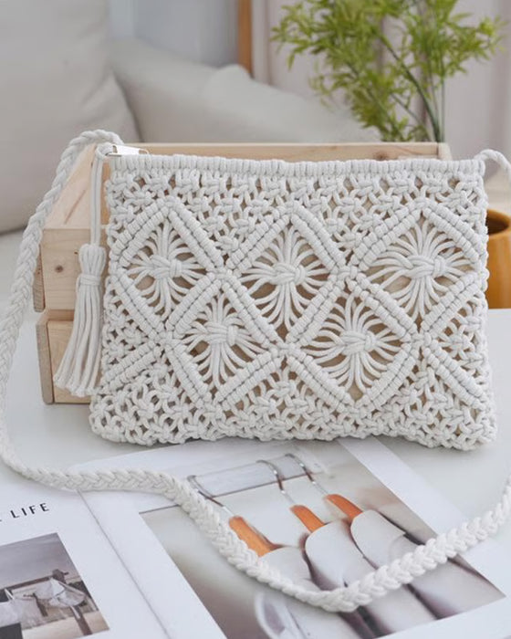 🏆Flash Sale⚡Minimalist Tassel Women's Clutch – Retro Cotton Rope Woven Bag, Summer Vacation Boho Beach Purse