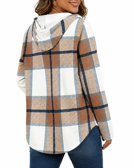 Plaid Hooded Drawstring Blouse