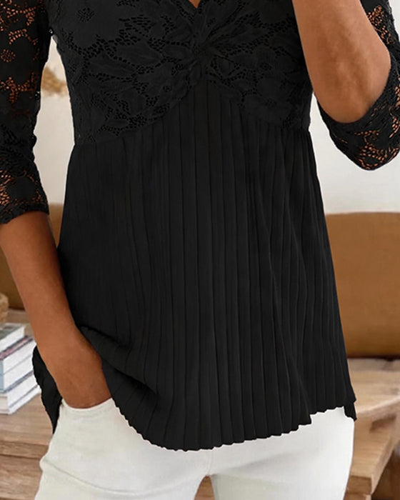 Relaxed V-Neck Lace Panel Blouse