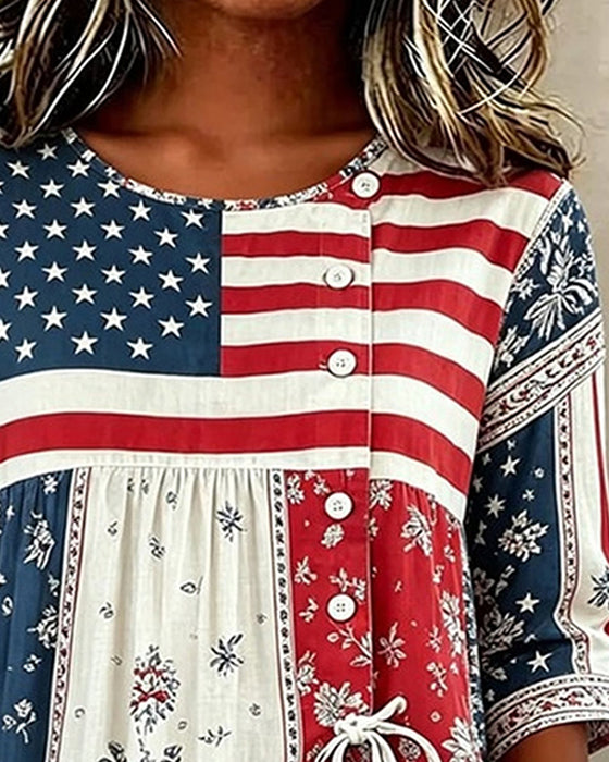 Flag Patchwork Print Lace-Up Blouse