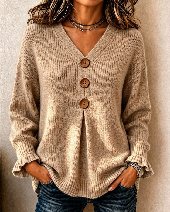 V-Neck Button Pullover Sweater