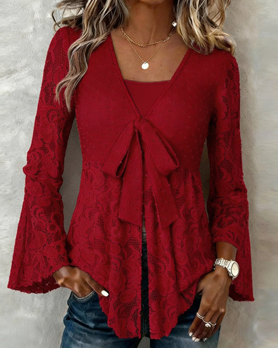 Solid Color Bell Sleeve V-Neck Blouse