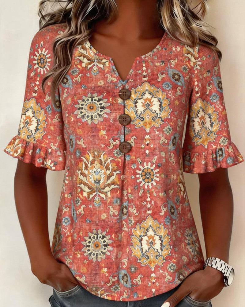 Ethnic Print Flutter Sleeve Blouse