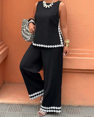 Sleeveless Crew Neck Top Wide Leg Long Pants Set