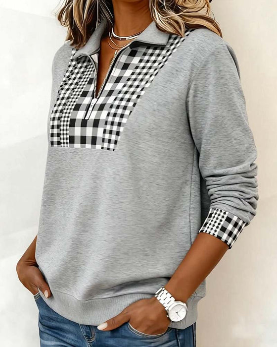 Half-Zip Plaid Long-Sleeved Sweatshirt