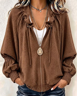 Textured Loose Zippered Pleated Coat