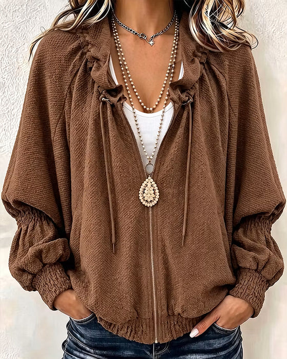 Textured Loose Zippered Pleated Coat