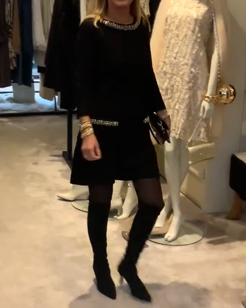 Fashionable Hot Rhinestone Style Long-Sleeved Dress
