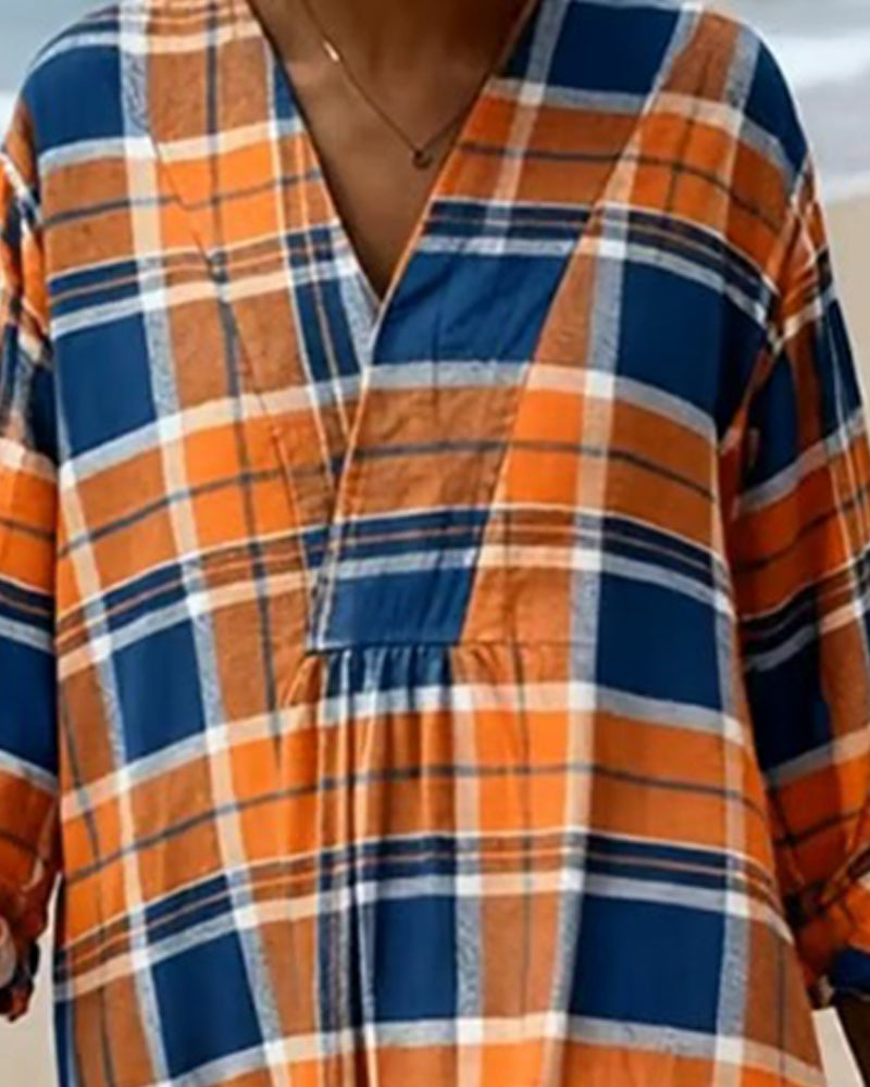 V-Neck Plaid Loose Dress