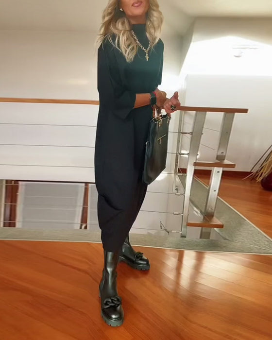 Solid color loose high collar casual dress