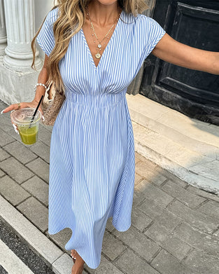 V-Neck Striped Fitted Waist Dress
