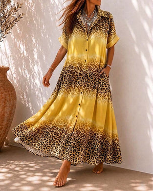 Lapel Leopard Print Gradient Shirt Dress