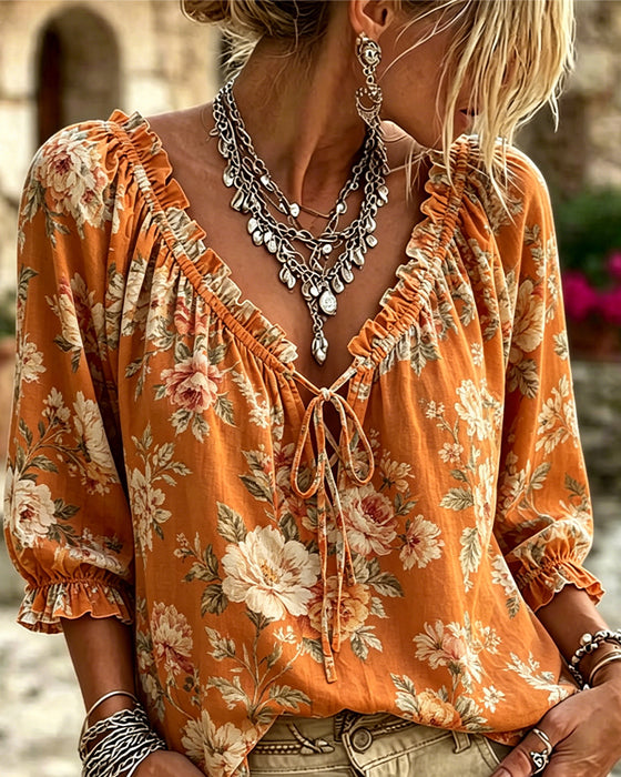 Floral V-Neck Tie Puff Sleeve Blouse