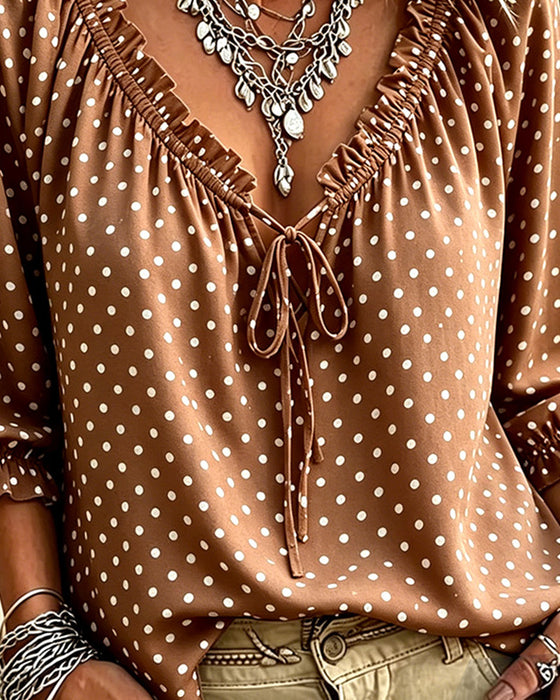 V-Neck Ruffle Polka Dot Tie Blouse