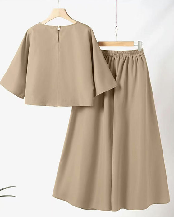 Solid Three-Quarter Sleeve Long Pants Two-Piece Set