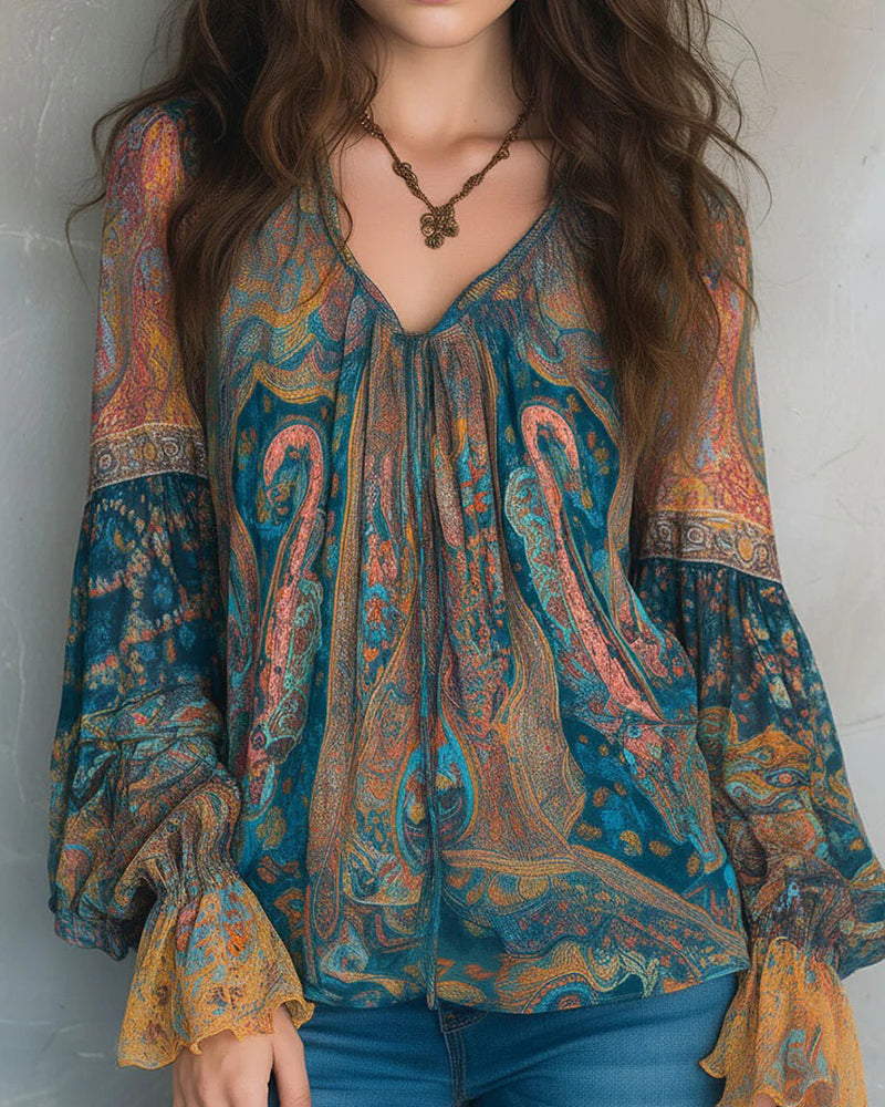 Bohemian Style Flared Sleeve V-Neck Blouse