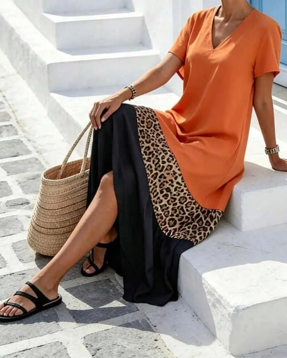 V-Neck Color Block Patchwork Leopard Maxi Dress