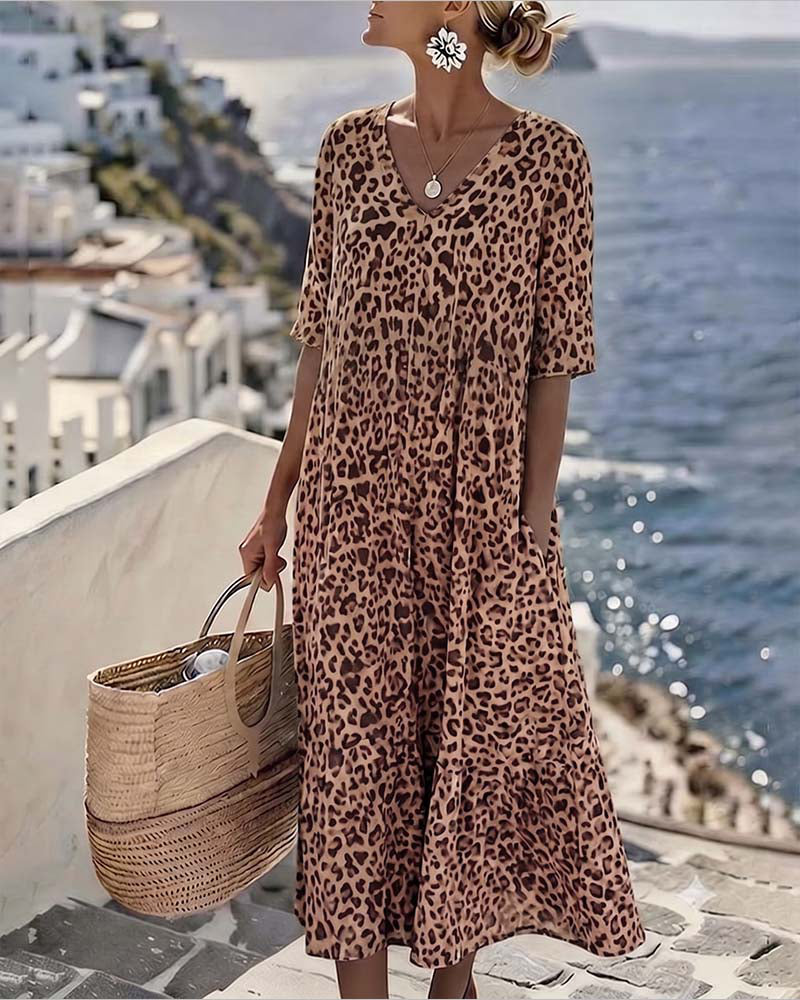 Leopard V-Neck Loose Dresses