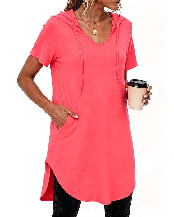 Irregular Side Pocket Drawstring Hooded T-Shirt