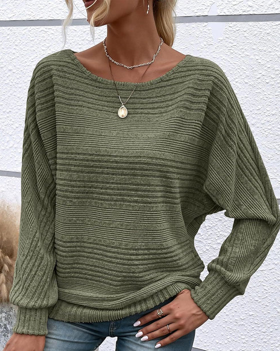 Solid Color Round Neck Long Sleeve Striped Top