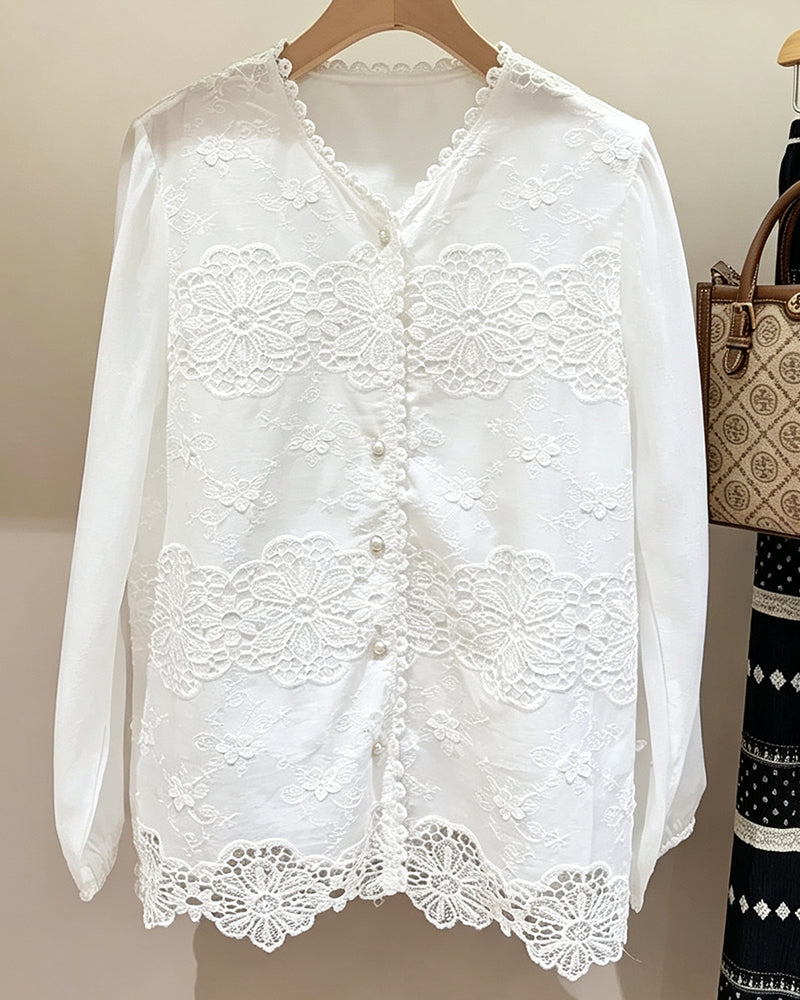 Cut-Out Lace Trim Blouse