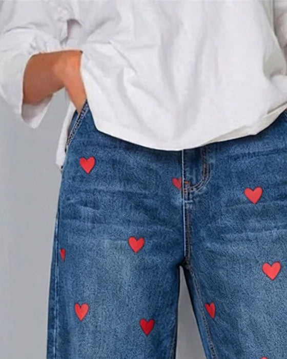 Heart Print Denim Ankle Pants