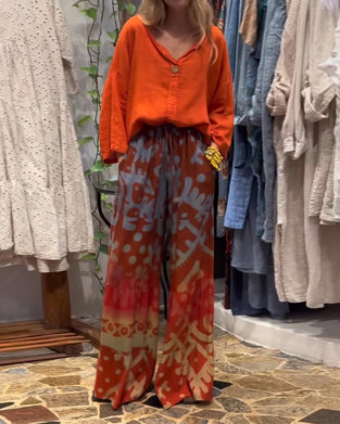 Printed pocket loose wide-leg pants