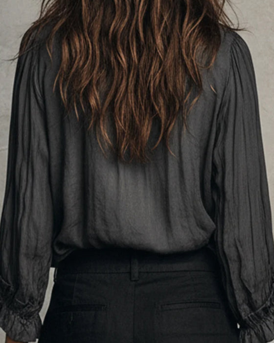 Long Sleeve Deep V-Neck Ruffled Blouse