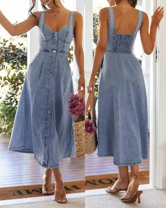 Spaghetti Strap Button Waist-Cinched Denim Dress