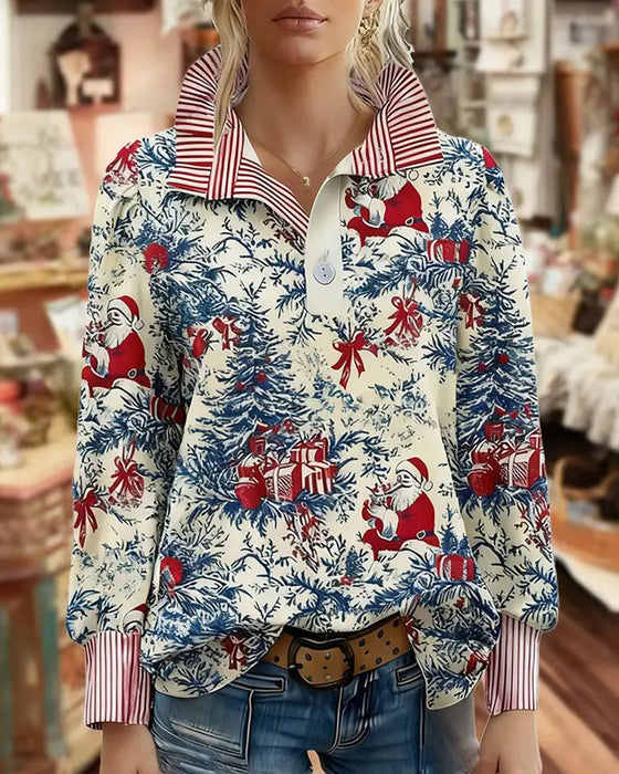 Lapel Button Striped Christmas Style Shirt