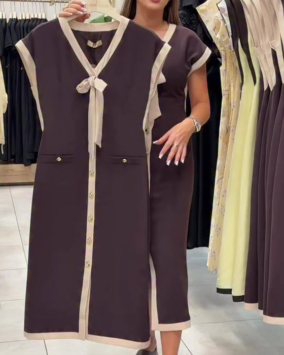 V-Neck Bow Button Dress