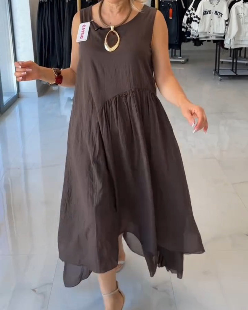 Round Neck Asymmetrical Sleeveless Flared Dress