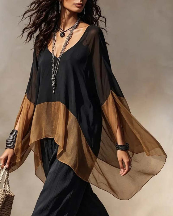 Contrast Panel Draped V-Neck Blouse