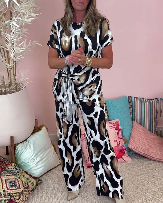 Leopard print lace-up casual two-piece set