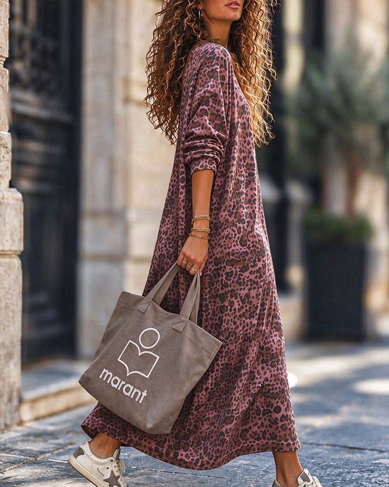 Long Sleeve Crew Neck Leopard Print A-Line Dress