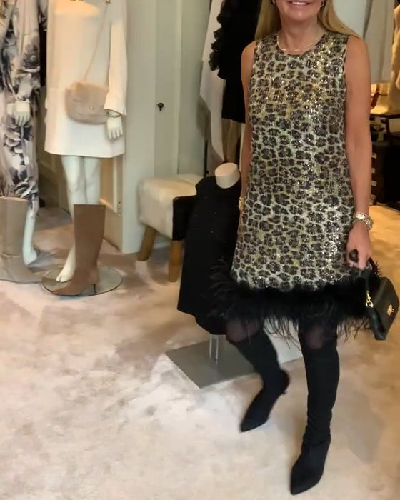 Sleeveless Leopard Print Ostrich Feather Fashion Dress