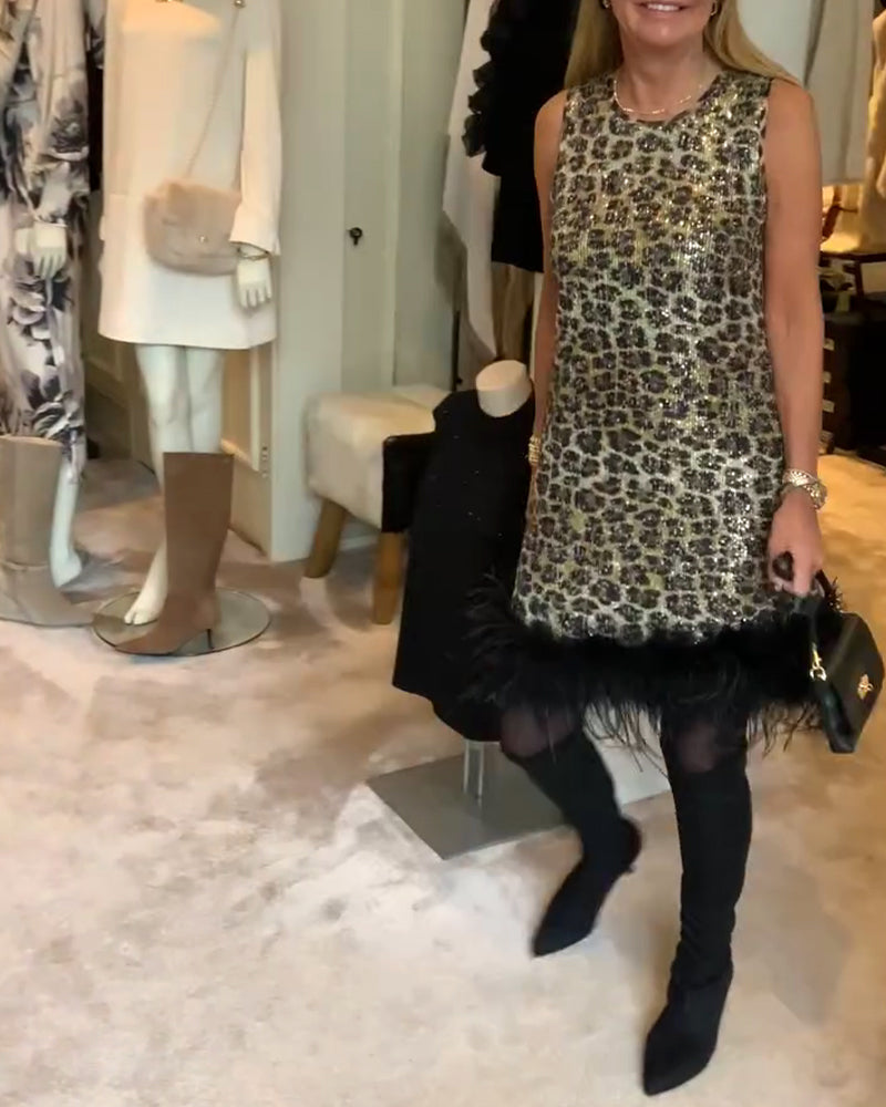 Sleeveless Leopard Print Ostrich Feather Fashion Dress