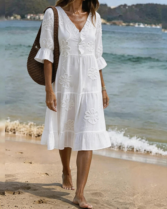V-Neck Ruffle 3D Floral Drawstring Dress