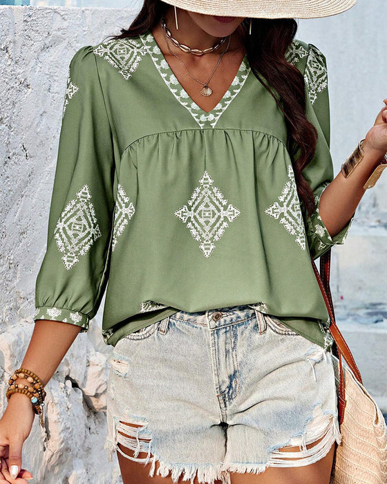 V-Neck Diamond Print Three-Quarter Sleeve Blouse