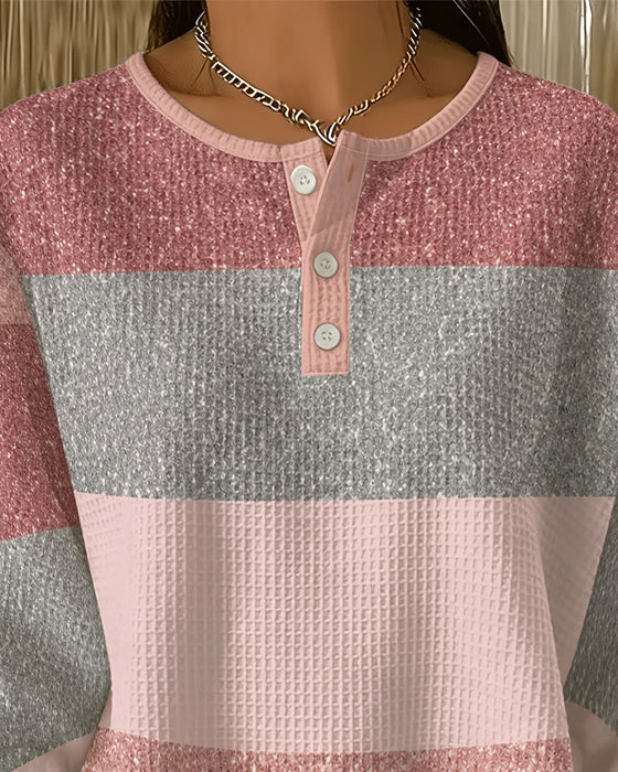 Button Crew Neck Color Block Sweatshirt