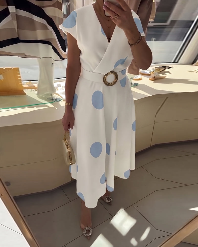 Polka Dot V-Neck Waist-Cinching Dress
