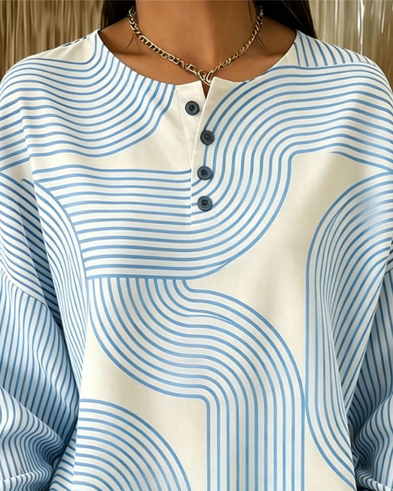 Crewneck Button Striped Loose Sweatshirt