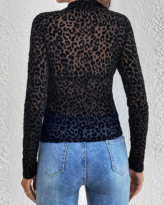 Stand Collar Leopard Print Mesh Top