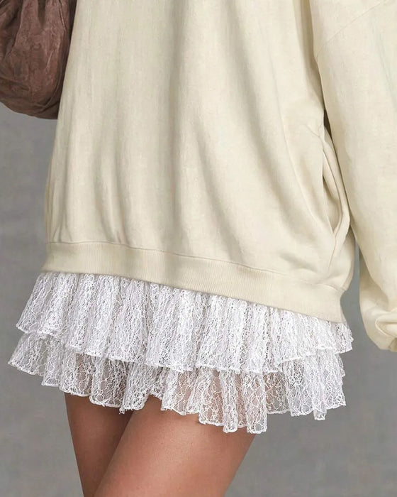 Cold Shoulder Lantern Sleeve Lace Patchwork Dress