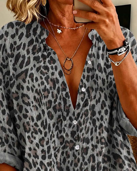 V-Neck Button Leopard Long Sleeve Shirt